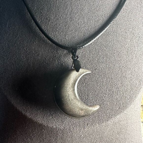 Silver Sheen Obsidian Crescent Moon Pendant Necklace - Picture 7 of 10